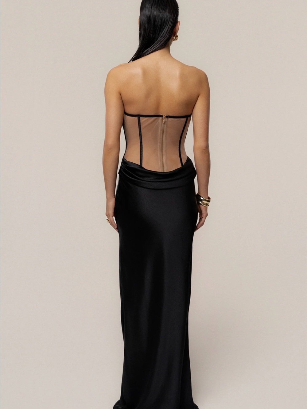 JLUXLABEL Black Strapless Satin Maxi with Sheer Corset Back